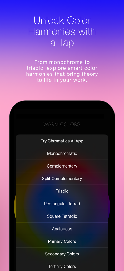 Color Wheel + Osmosi AI - 単色、補色、トライアドなどのカラーハーモニーオプションのメニューを表示するモバイル画面。
