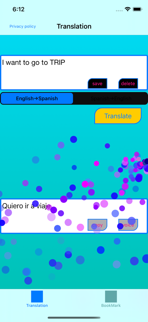 English to Spanish Translator. - Interface of the English to Spanish Translator app showing a sentence translated from English to Spanish