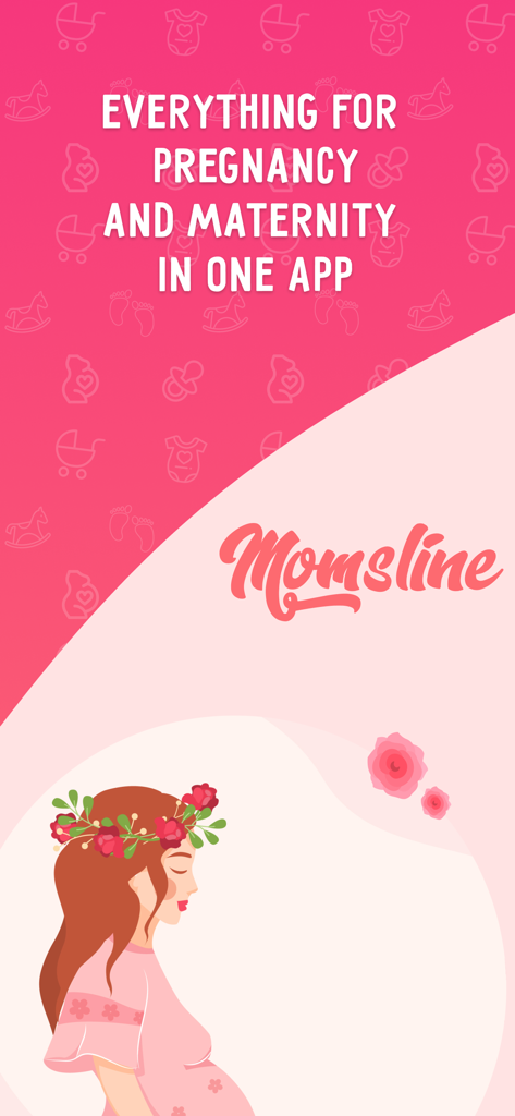 Pregnancy Tracker - Momsline - Interfaz de la aplicación de seguimiento del embarazo y maternidad Momsline con una ilustración de una mujer embarazada