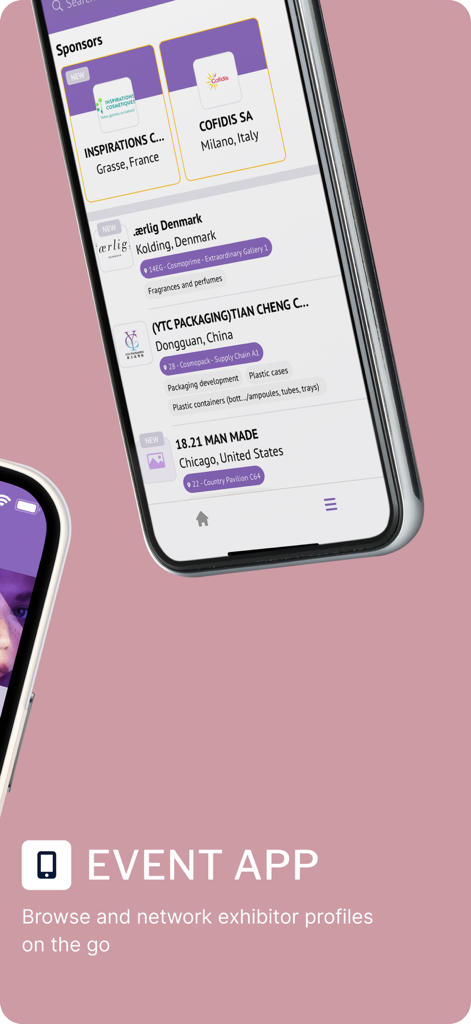 Cosmoprof Worldwide Bologna - Tela de smartphone exibindo uma lista de expositores internacionais da indústria da beleza dentro do aplicativo Cosmoprof.