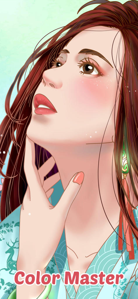 Portrait illustration of a woman with auburn hair in a blue kimono from the Color Master app