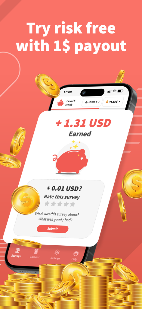HeyPiggy: Daily Online Surveys - HeyPiggy mobile app interface displaying earned cash and a low payout threshold.