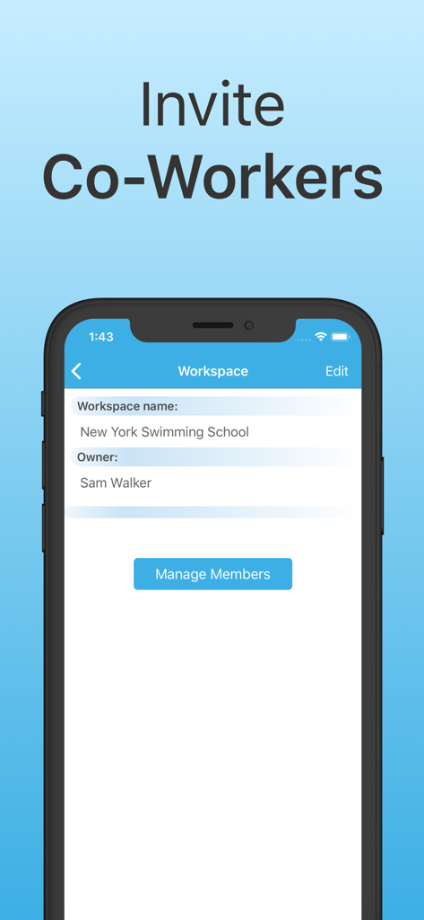 Alora app workspace screen showing member management and the option to invite co-workers for a swimming school