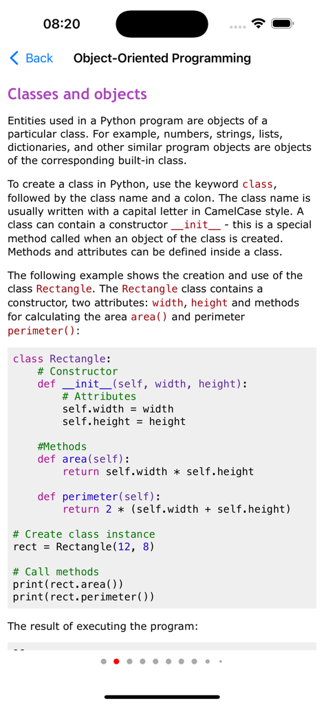 Python Programming Pro - Captura de tela do aplicativo Python Programming Pro mostrando uma aula sobre programação orientada a objetos com um exemplo de código para uma classe Retângulo
