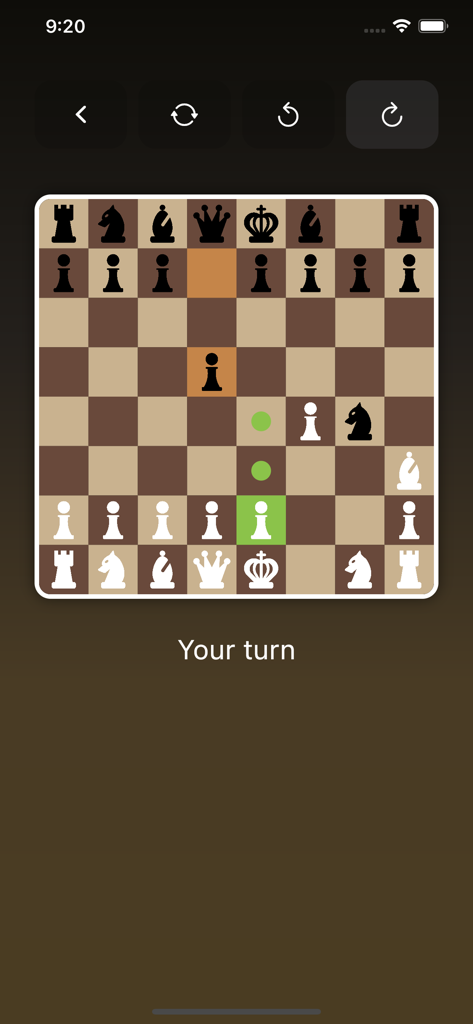 Chess Room: Play & Learn Chess - Mobile chess board gameplay showing pieces in mid game with move hints and navigation controls