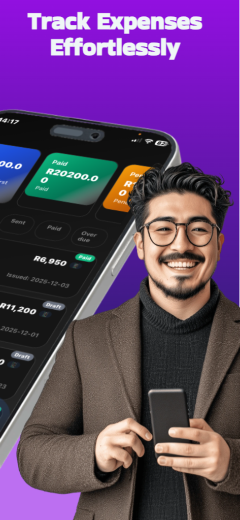 Um jovem profissional sorrindo usando o aplicativo InvoiceFlowie em seu smartphone para rastrear despesas de negócios sem esforço.