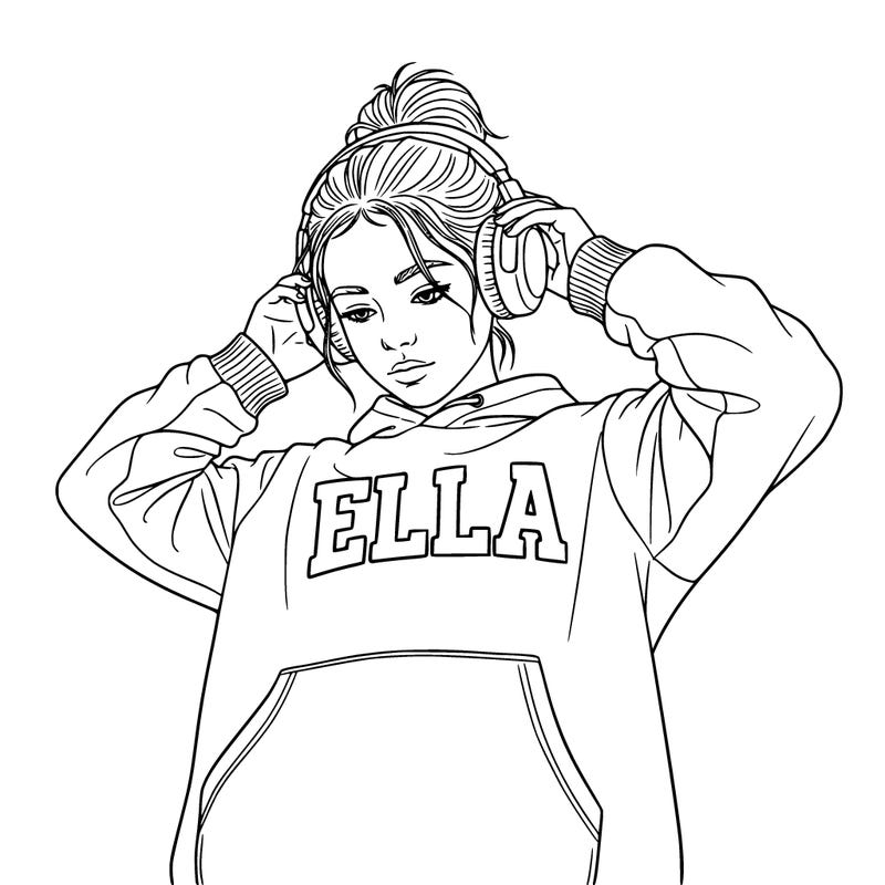 a girl getting ready for the day wearing headphones and wearing a hoodie with the name ella on top