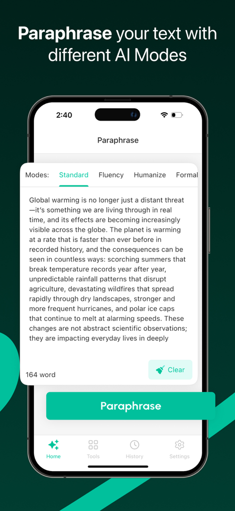 텍스트 재작성을 위한 다양한 AI 모드를 보여주는 Paraphrasing Tool 앱의 스마트폰 화면