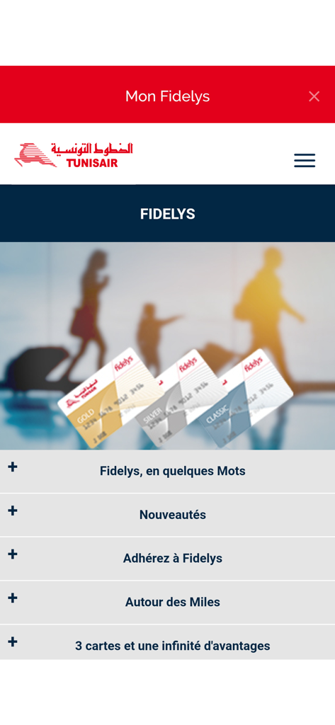 Pantalla de la aplicación Tunisair para el programa de fidelización Fidelys, mostrando tarjetas de membresía y detalles del programa