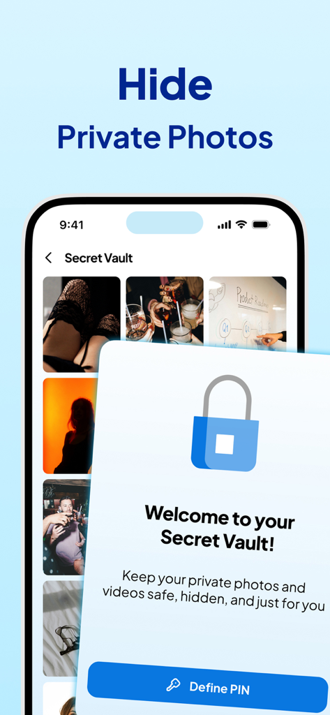 Cleaner GO - Storage Cleanup - Cleaner GO app screen showing the Secret Vault feature to hide private photos and videos with a PIN