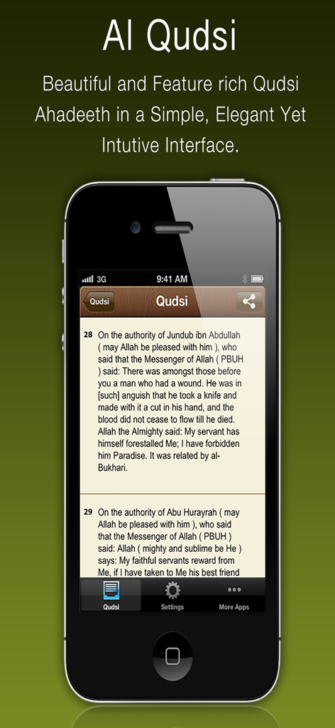 Al Hadith Al Qudsi - A screenshot of the Al Hadith Al Qudsi app on an iPhone displaying an English translation of a divine saying.