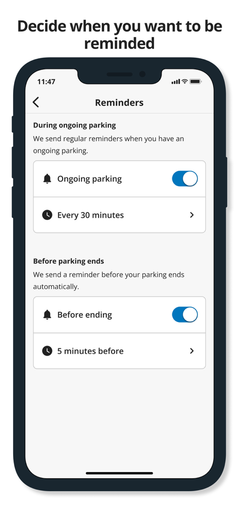 A smartphone screen showing reminder settings for parking sessions in the Parkering Goteborg app