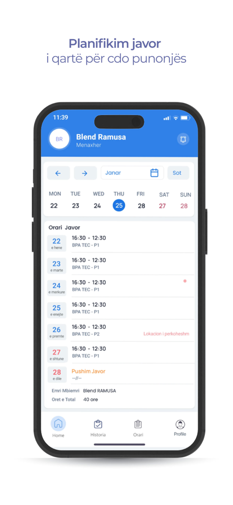 Mobile screen of the Line HR app displaying a clear weekly shift schedule for employees.