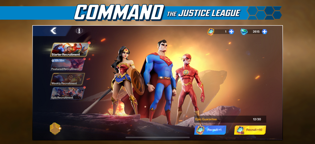 DC Worlds Collide Strategy RPG - Pantalla de reclutamiento de personajes en DC Worlds Collide con Superman, Wonder Woman y The Flash