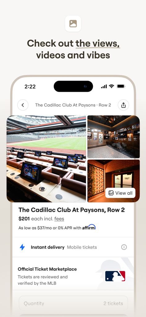 SeatGeek - Buy Event Tickets - SeatGeek app interface showing stadium seat views and ticket details for the Cadillac Club