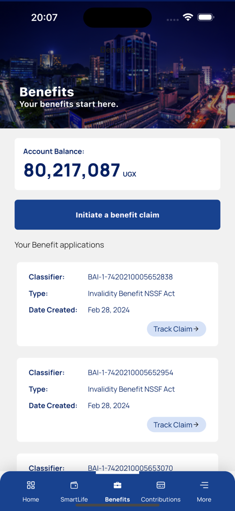 NSSF GO - NSSF GO app interface showing member account balance and benefit claim status
