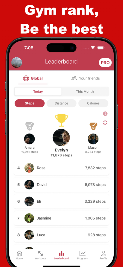 Gym Rank 앱 리더보드 인터페이스, 걸음 수에 대한 전 세계 일일 순위 표시