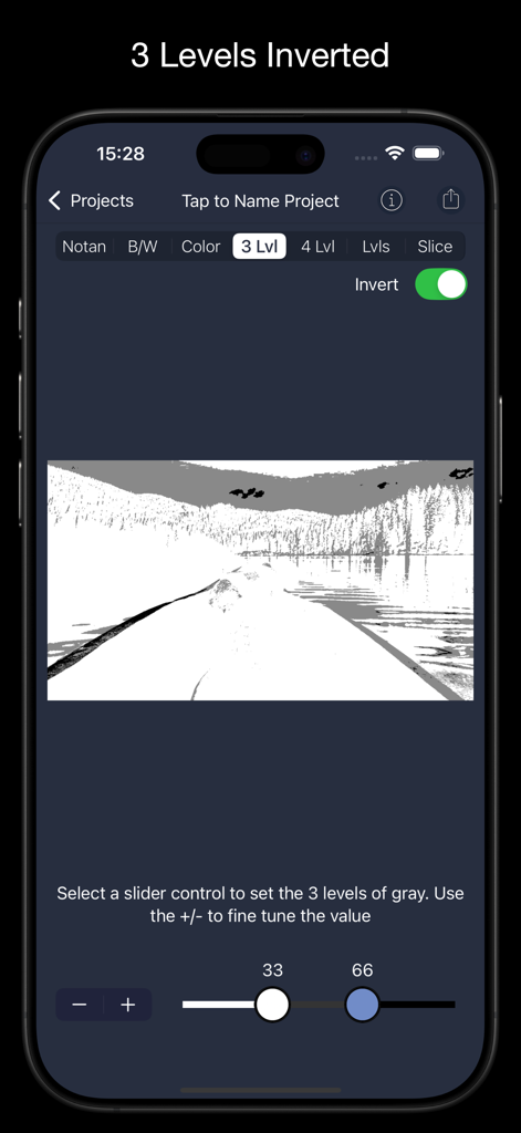 NotanIzer - 3단계 반전 필터와 명암 슬라이더로 처리된 풍경 사진을 보여주는 NotanIzer 앱 인터페이스.