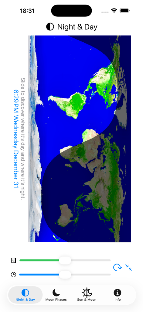 Oberfläche der Nacht- und Tag-App, die eine Weltkarte mit Echtzeit-Tag- und Nachtzonen und interaktiven Zeitschiebereglern zeigt.