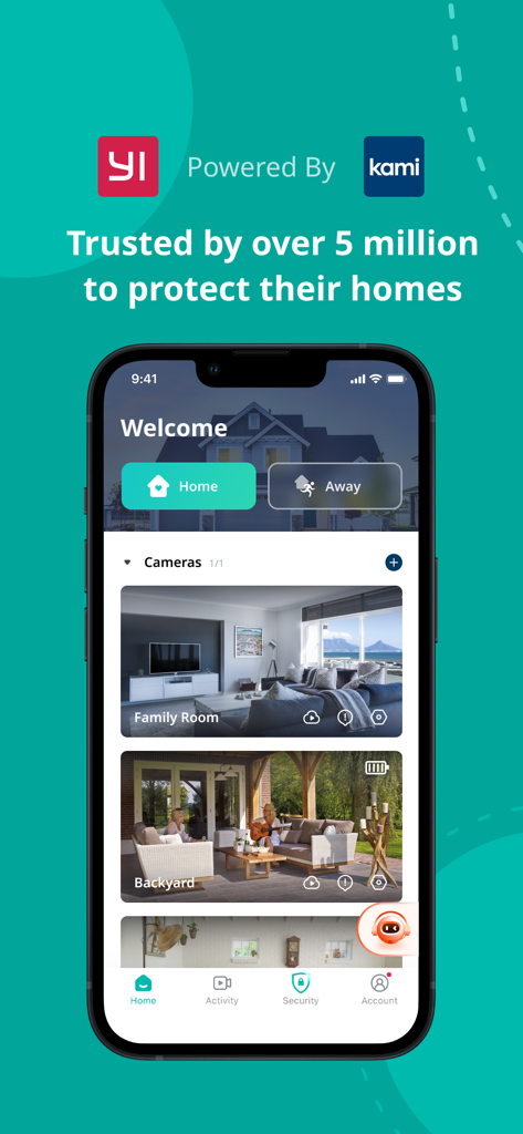 YI Home - Smartphone displaying the YI Home app with multiple camera live views and home security settings