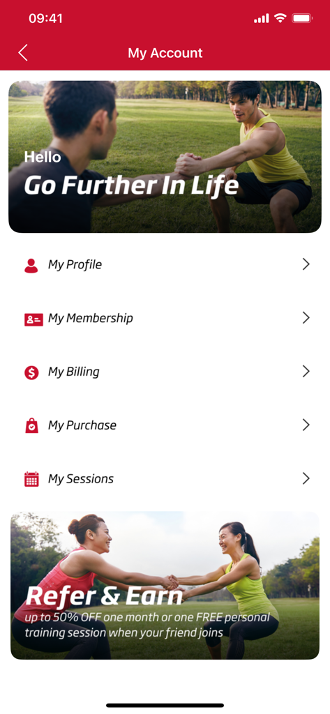 Pantalla Mi Cuenta de la aplicación Fitness First SEA que muestra opciones de menú de perfil, membresía y facturación