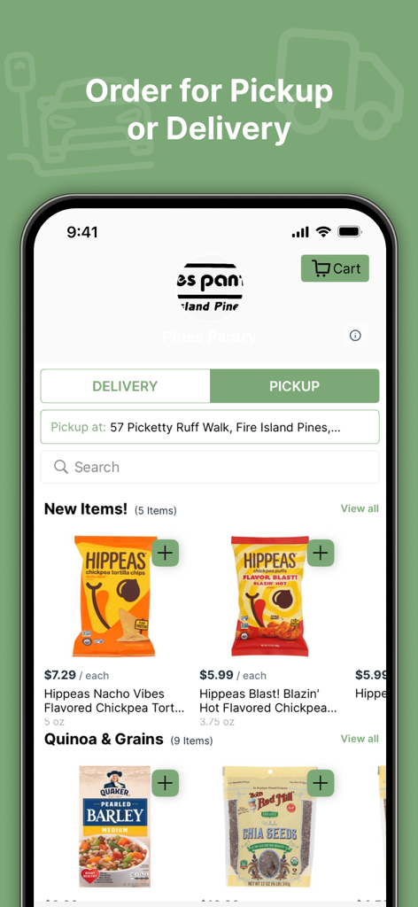 Pines Pantry mobile app interface showing grocery delivery and pickup options for snacks and grains