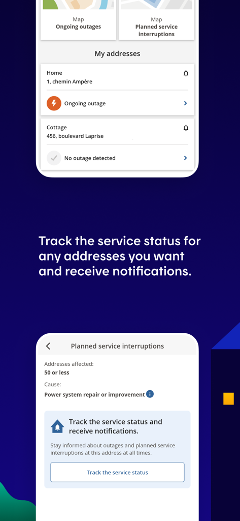 Hydro-Québec - Hydro Quebec app interface displaying service status and power outage alerts for multiple properties