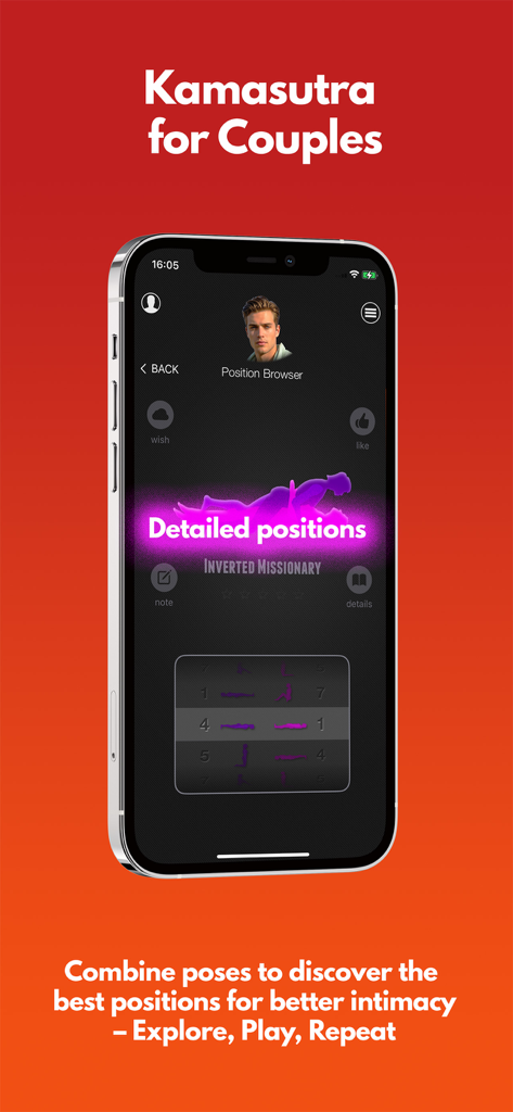 iSexSpinner Kamasutra Premium - A mobile screen showing the iSexSpinner Kamasutra app interface with illustrated intimacy positions for couples.