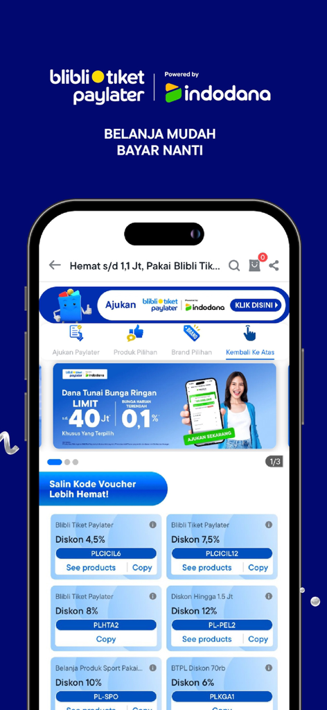 Blibli mobile app interface displaying paylater payment options and various discount vouchers for shopping
