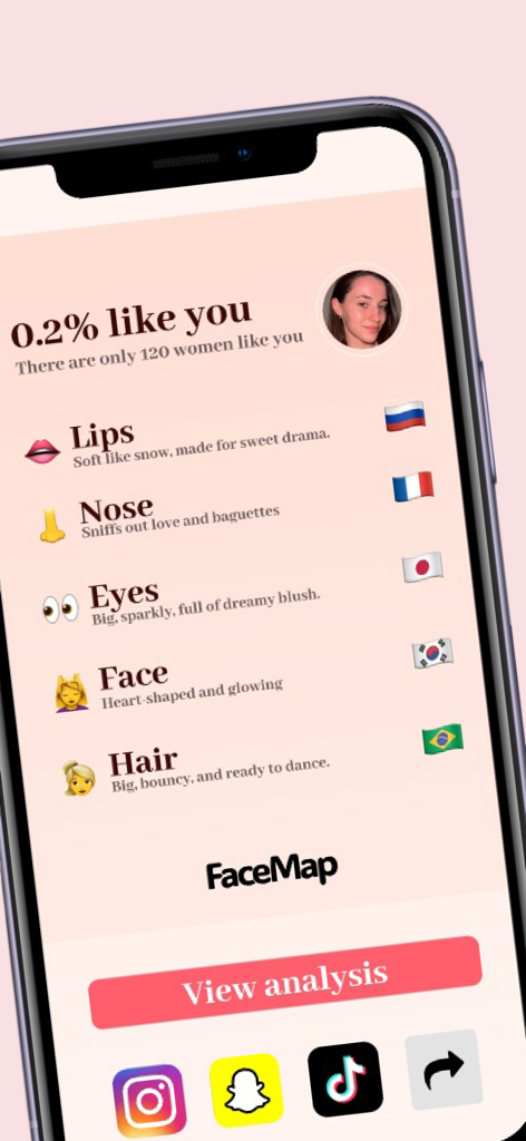FaceMap: AI Face Comparison - Écran de l'application FaceMap montrant l'analyse IA des traits du visage comme les lèvres et les yeux avec des drapeaux de correspondance mondiale et des options de partage