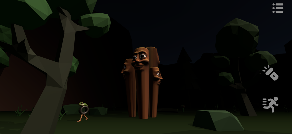 Brr Brr Patapim - Eine bizarre Säulen-Kreatur mit Menschengesicht und ein laufender Frosch in einem dunklen Low-Poly-Wald aus dem Spiel Brr Brr Patapim.