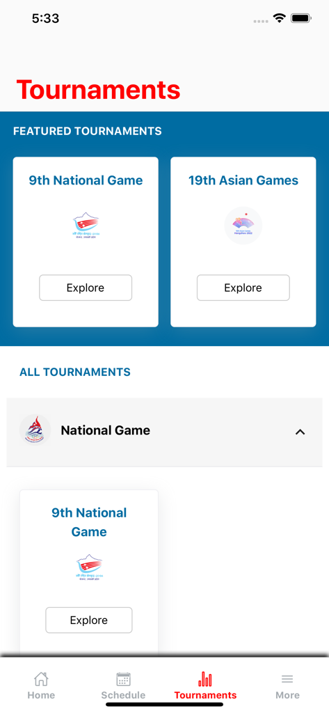 National Sports Council, Nepal - The Tournaments screen of the National Sports Council Nepal app featuring 9th National Game and 19th Asian Games.