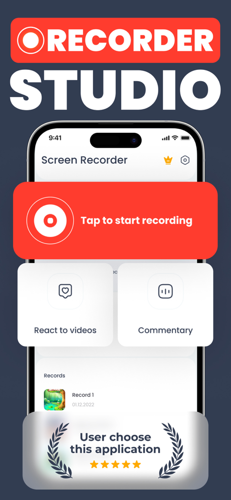 The screen & video recorder HQ - Main interface of the screen recorder app showing a start recording button and reaction features
