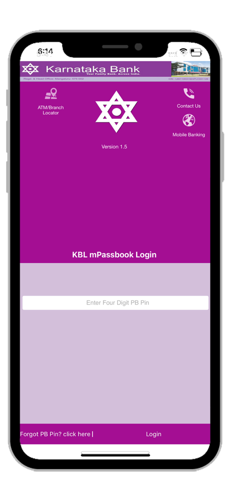 KBL mPassbook - Login screen of the KBL mPassbook mobile app for Karnataka Bank featuring a PIN entry field