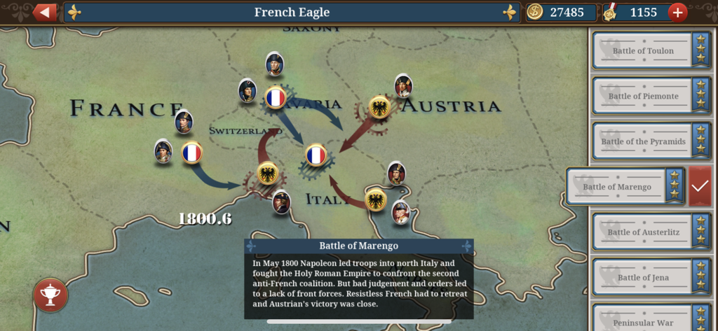 Campaign map screen showing troop movements and historical battle descriptions in European War 6 1804