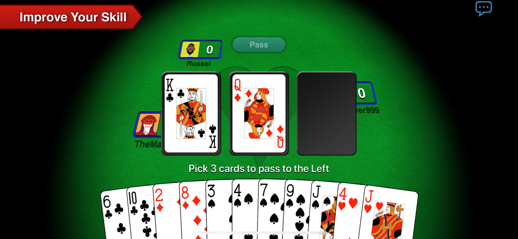 Hearts+ - Hearts Plus mobile game screen showing the card passing phase during a match on a green felt table