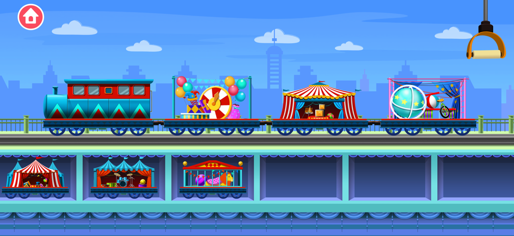 Ein bunter Zeichentrickzug mit Waggons im Zirkus-Stil, der in einem Lernspiel für Kinder zusammengebaut wird