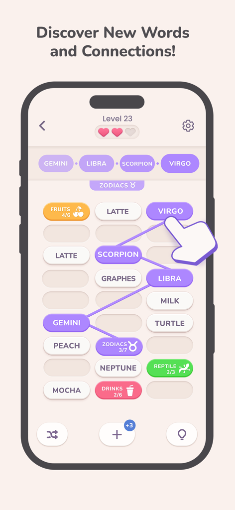 Mobile phone screen showing a word association puzzle where words like Gemini and Virgo are connected in a grid.