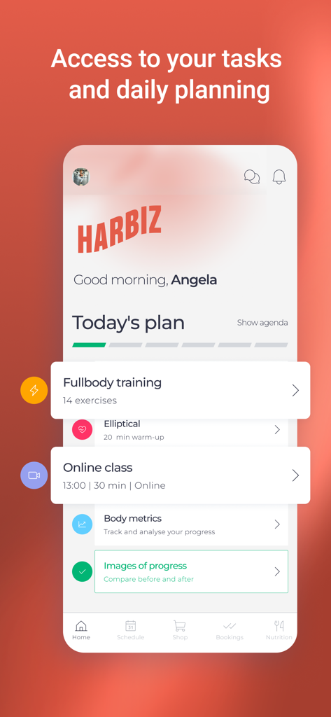 Schermata dello smartphone che mostra il piano giornaliero dell'app Harbiz con attività di esercizio e monitoraggio dei progressi