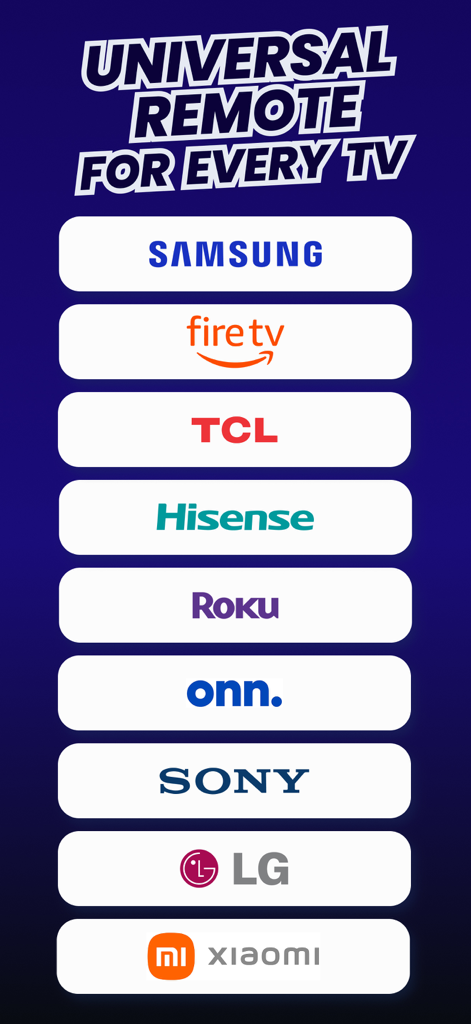 TV Remote Universal Control - Lista de marcas de smart TV compatibles, incluidas Samsung Fire TV TCL Roku y Sony, para la aplicación de control remoto universal.