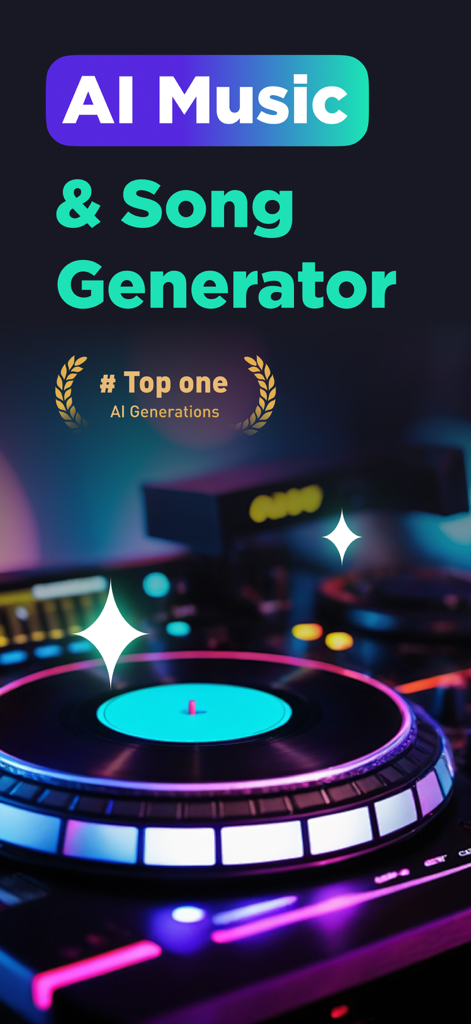 Musica - AI Music Maker - Musica AI Music and Song Generator app interface showing a DJ turntable with neon lights