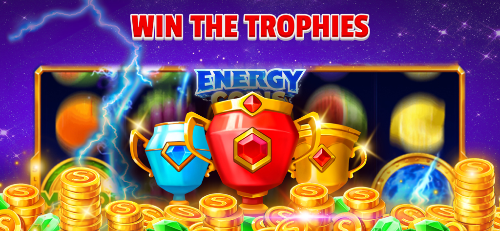 Tres coloridos trofeos y montones de monedas de oro sobre un fondo estrellado en la app de casino Slot.com
