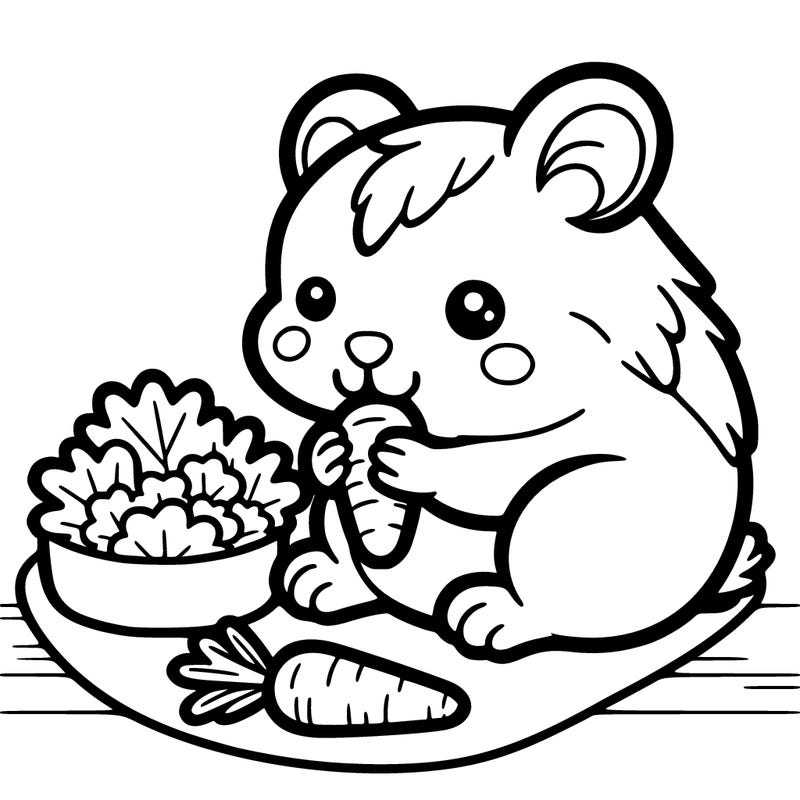 a hamster sits on a white floor. in front of the hamster is his food; he is eating carrots and lettuce.