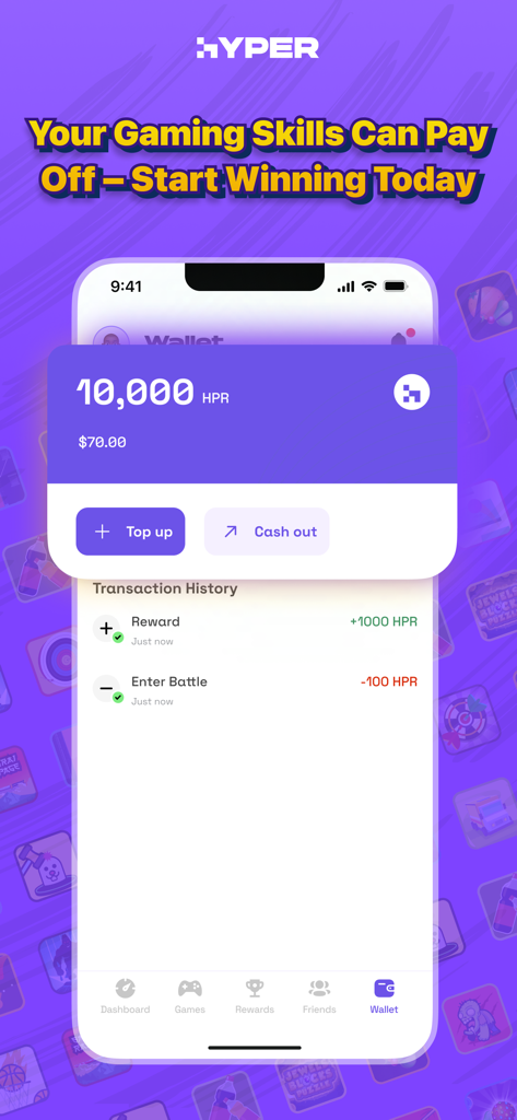 Hyper app wallet screen showing a seventy dollar balance and transaction history for rewards and game entries