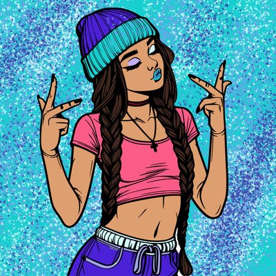 realistic teenage girl with braids and a beanie and crop top doing 🫶🏼
