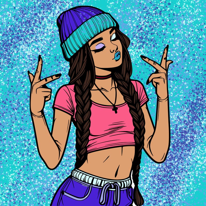 realistic teenage girl with braids and a beanie and crop top doing 🫶🏼