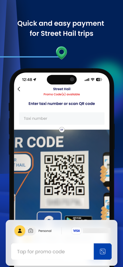 CDG Zig App-Oberfläche, die zeigt, wie man für Taxis auf der Straße mit einem QR-Code für bargeldlose Transaktionen bezahlt