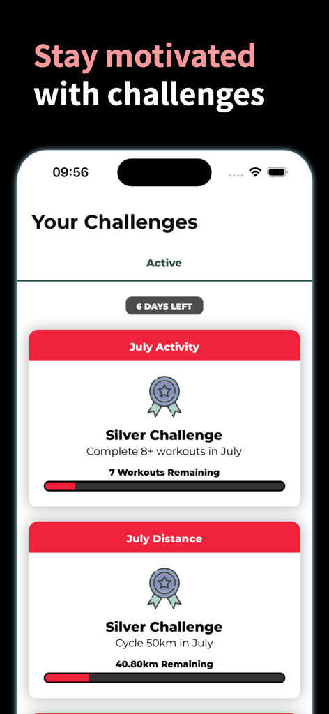 Indoor Cycling Workout - Mobile app screen displaying monthly cycling challenges for distance and activity with motivational progress bars