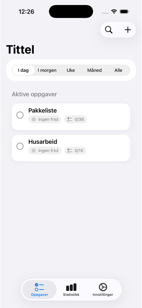 FullControl - A clean and minimalist task list interface in the FullControl app showing active tasks and time filters.
