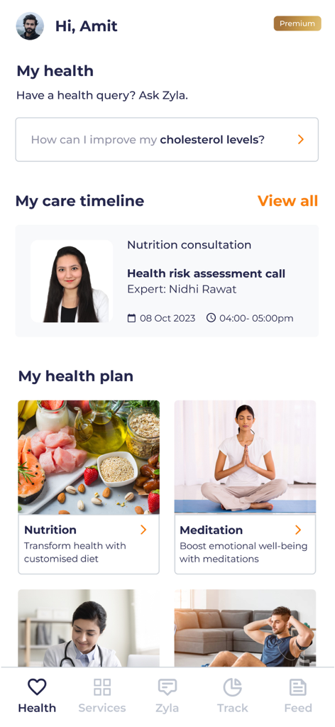 Ein personalisiertes Gesundheits-Dashboard in der Zyla App, das den Pflegezeitplan und benutzerdefinierte Optionen für den Gesundheitsplan anzeigt.